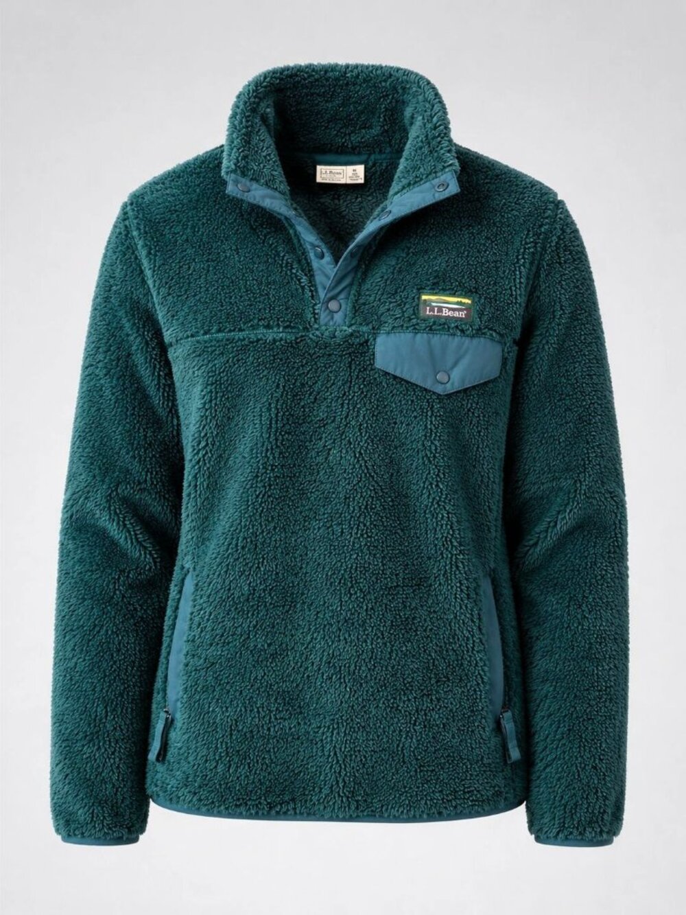 LL Bean Womens Size Medium Green Hi Pile Sherpa Fleece Pullover Jacket